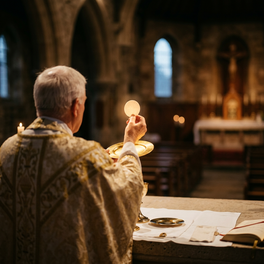 A priest holding a communion wafer and paten in a church during Eucharist