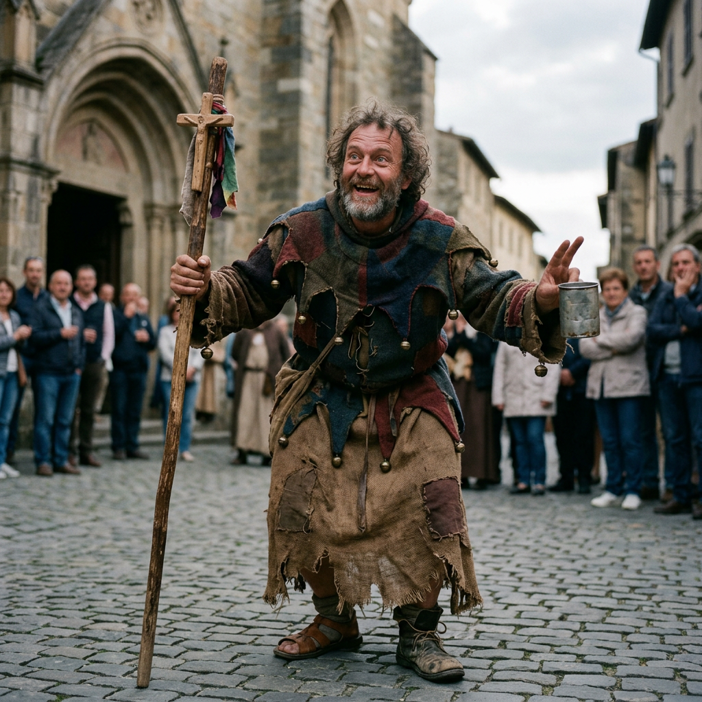 Man in tattered medieval jester clothing holding a wooden staff and metal cup entertaining crowd
