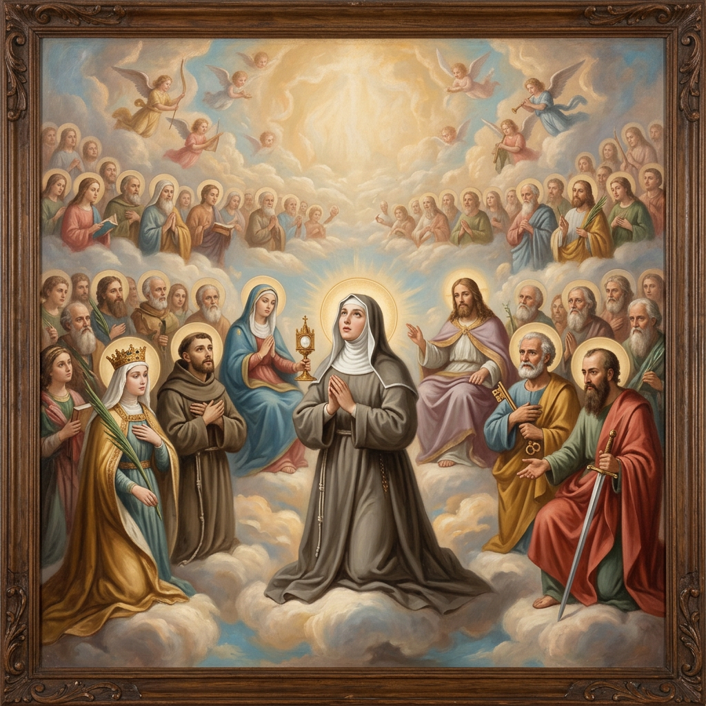 Kneeling nun surrounded by saints and angels on clouds